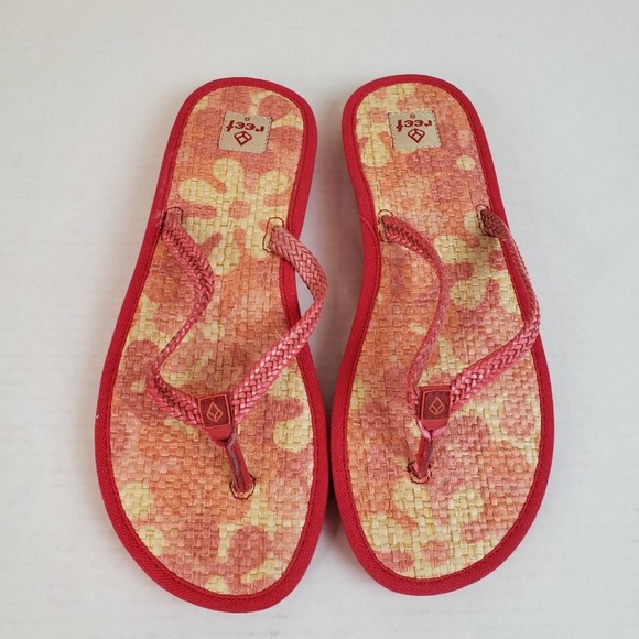 Reef Shoes - Reef Women's Floral Foot bed Flip Flops Weave Patterned Straps Size 8